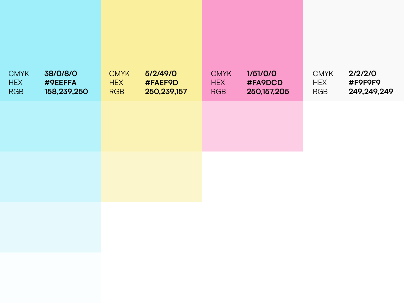 Farbpalette mit vier Farben: Hellblau #9EEFFA, Hellgelb #FAEF9D, Pink #FA9DCD und Hellgrau #F9F9F9, jeweils mit CMYK- und RGB-Werten