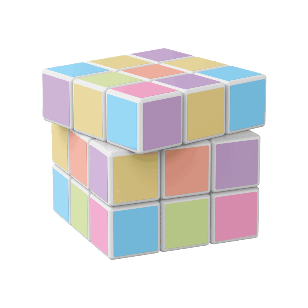 Zauberwürfel (3×3) in Pastellfarben mit weißem Rahmen, ungelöst